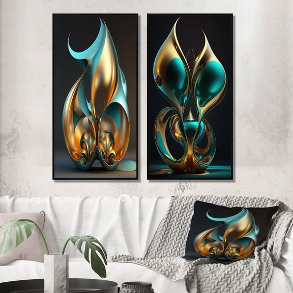 Designart "Turquoise Gold Sphere Rhythm of Infinity in 3D I" Abstract Fractal Framed Wall Art Set Of 2 - Modern Gold Framed Wall Art Set Of 2