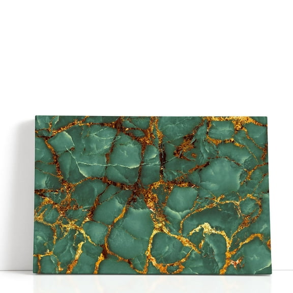 Luxurious Abstract Art - Dark Green Marble Texture with Golden Veins - Wrapped Canvas Print Wall Art | 18" W x 12" H
