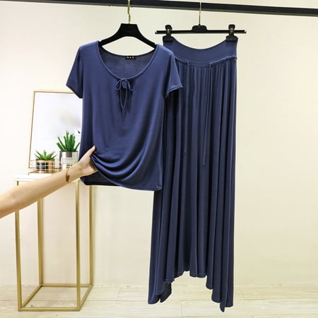 Taylonsss Womens Dress Pajamas Sets Two PIece Outfit Casual V-Neck Short Sleeve Tops Elastic Waist Maxi Skirts Lounge Sleepwear