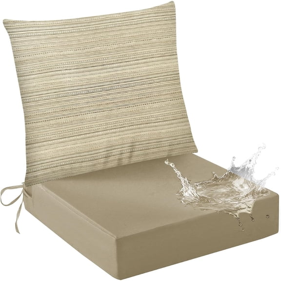 Outdoor Deep Seat Cushion Set Waterproof & Fade Resistant Patio Furniture Cushions with Removable Cover Adjustable Straps Rain-Proof Seat Pad Back Cushion for Chair Sofa Porch 22 x 22 Beige