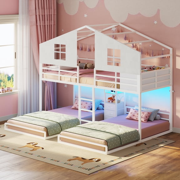 Toogaho Twin Triple Bunk Bed with Storage & Charging Station & LED Lights,Twin over Twin Size House-Shaped Metal Bunk Bed Frame,White