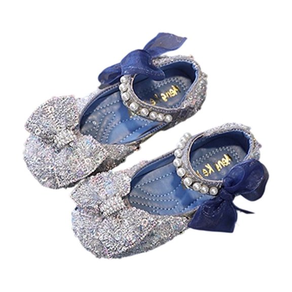Xfvqtps Sparkle Princess Mary Jane Ballet for Girls Hook and Loop Strap Close Toe Pearl Mesh Bow Sequin Spring Summer Dressy Casual Shoes