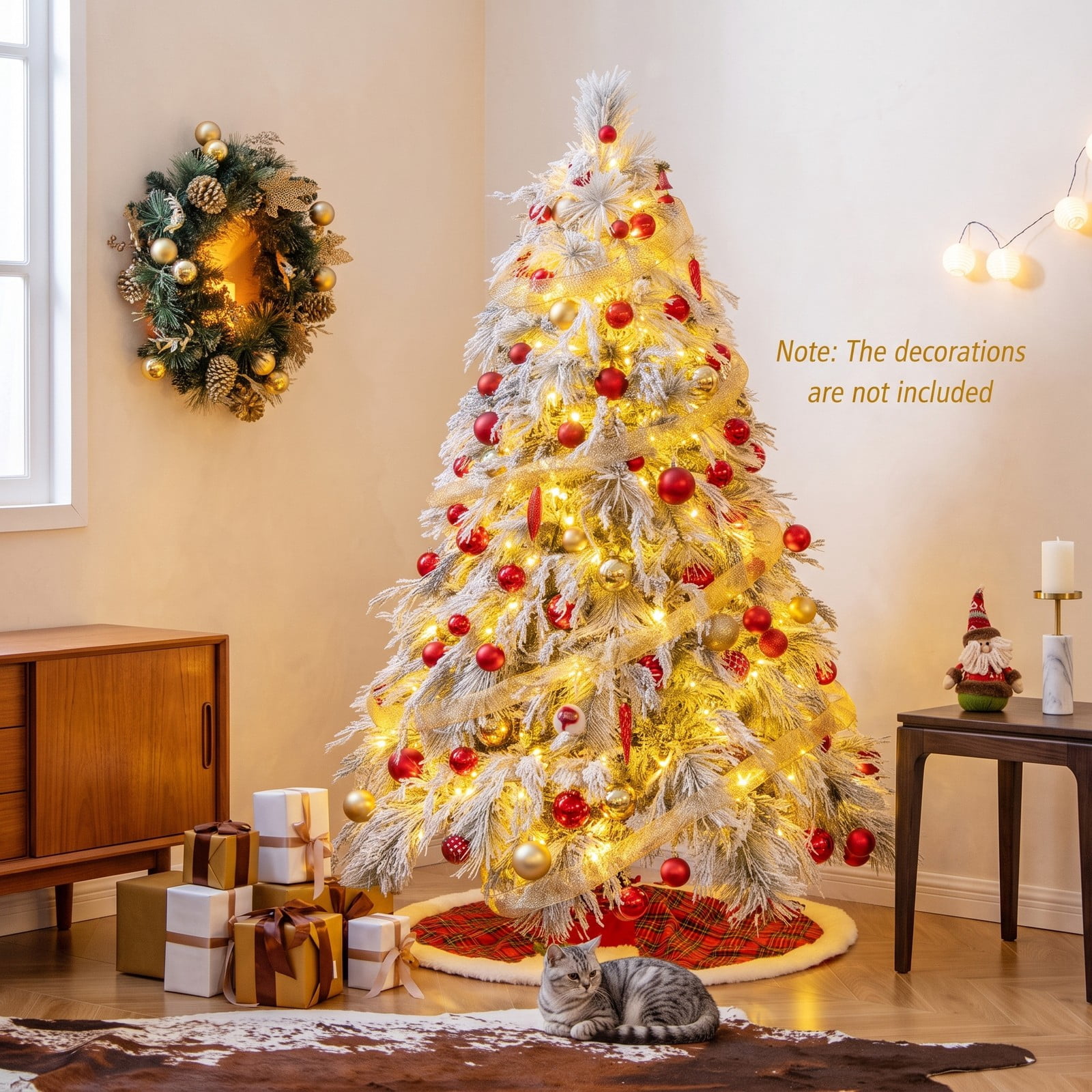 RUIE 6 FT Pre-Lit Snow Flocked Artificial Christmas Tree with 250 Warm White LED Lights, Hinged Xmas Pine Tree with Metal Stand for Home Office Holiday, White & Green
