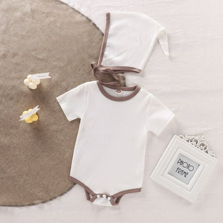 

Hunpta Infant Newborn Baby Boys Girls Short Sleeve Ribbed Patchwork Romper With Cute Hat Outfit Set Clothes 2PCS