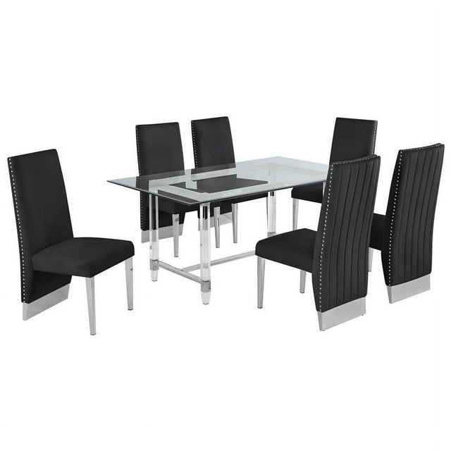 7pc. 68" x 40" Glass Dining Set with 6 Chairs and Silver Stainless Steel