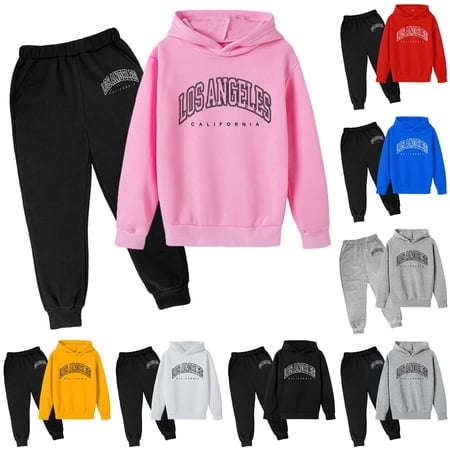 Krdevn Boys 2 Piece Fall Winter Outfit Los Angeles California Arch Outline Print Hoodie and Graphic Jogger Pants Sweatsuit Set 9-10 Years Pink