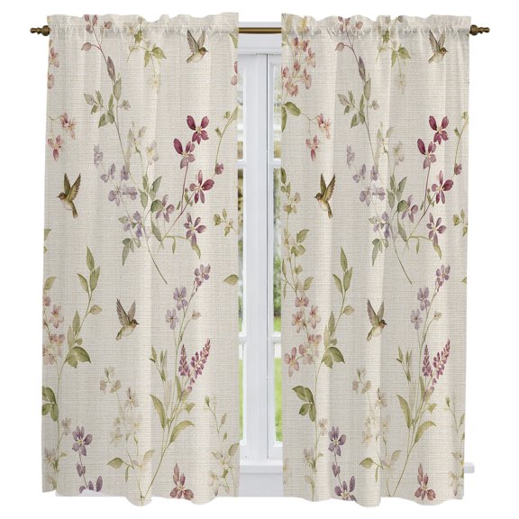 Spring Flowers Kitchen Curtains 63 Inch Length, Rustic Retro Botanical Floral Leaves Birds Tiers Curtains for Living Room Berdoom Bathroom, Light Filtering Drapes Window Treatment 2 Panels 42"Wx63"L