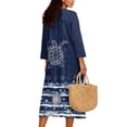 thumbnail image 4 of SCRAWLGOD Sea Turtle Starfish Print Navy Blue Linen Texture Dress for Women, 3/4 Sleeve Polyester Tunic Dress, V Neck Plus Size Summer Dresses, Loose Fit Soft Flowy Sundresses, 4XL, 4 of 6