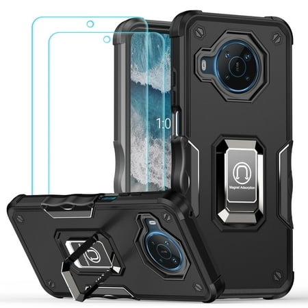 Ytaland for Nokia X100 Case,with 2 x Tempered Glass Screen Protector. (3 in 1) Shockproof Bumper Defender Protective Phone Cover with Ring Kickstand (Black)