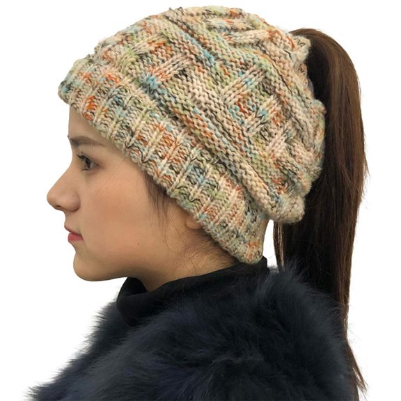 OFFIGAM 1Pcs Women Ponytail Beanie Knit Hat in Beige for Christmas Events