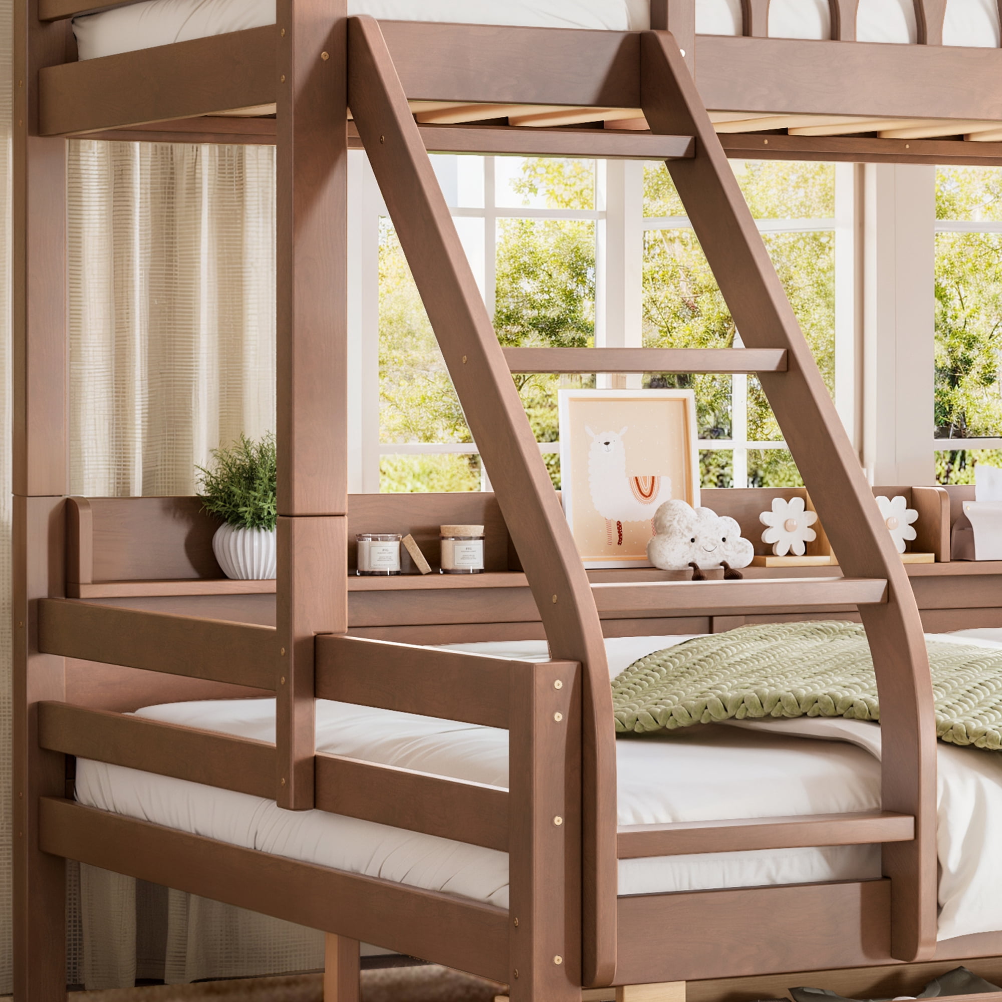 Leumius Twin XL over Queen Bunk Bed with Storage Drawers, Chic Curved Guardrail & Side Storage Shelves, Bunk Bed Frame with Ladder Deep Natural