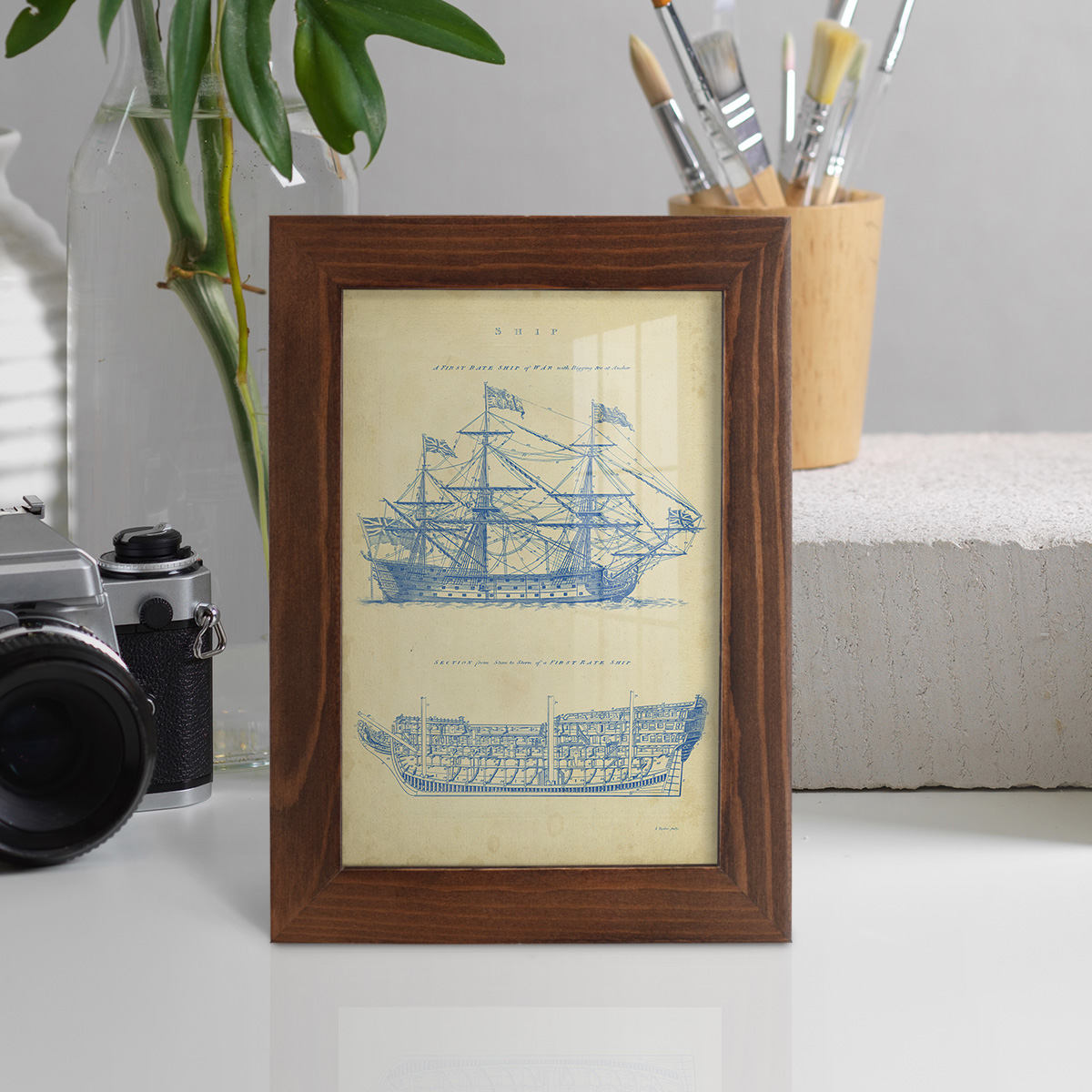 Vintage Ship Blueprint -Framed Print w/glass-Chestnut