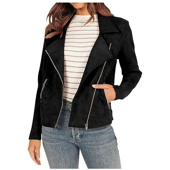 Women's Suede Moto Jacket Stylish Long Sleeve Zipper Casual Coat Lightweight Comfortable Outerwear For Fall Season