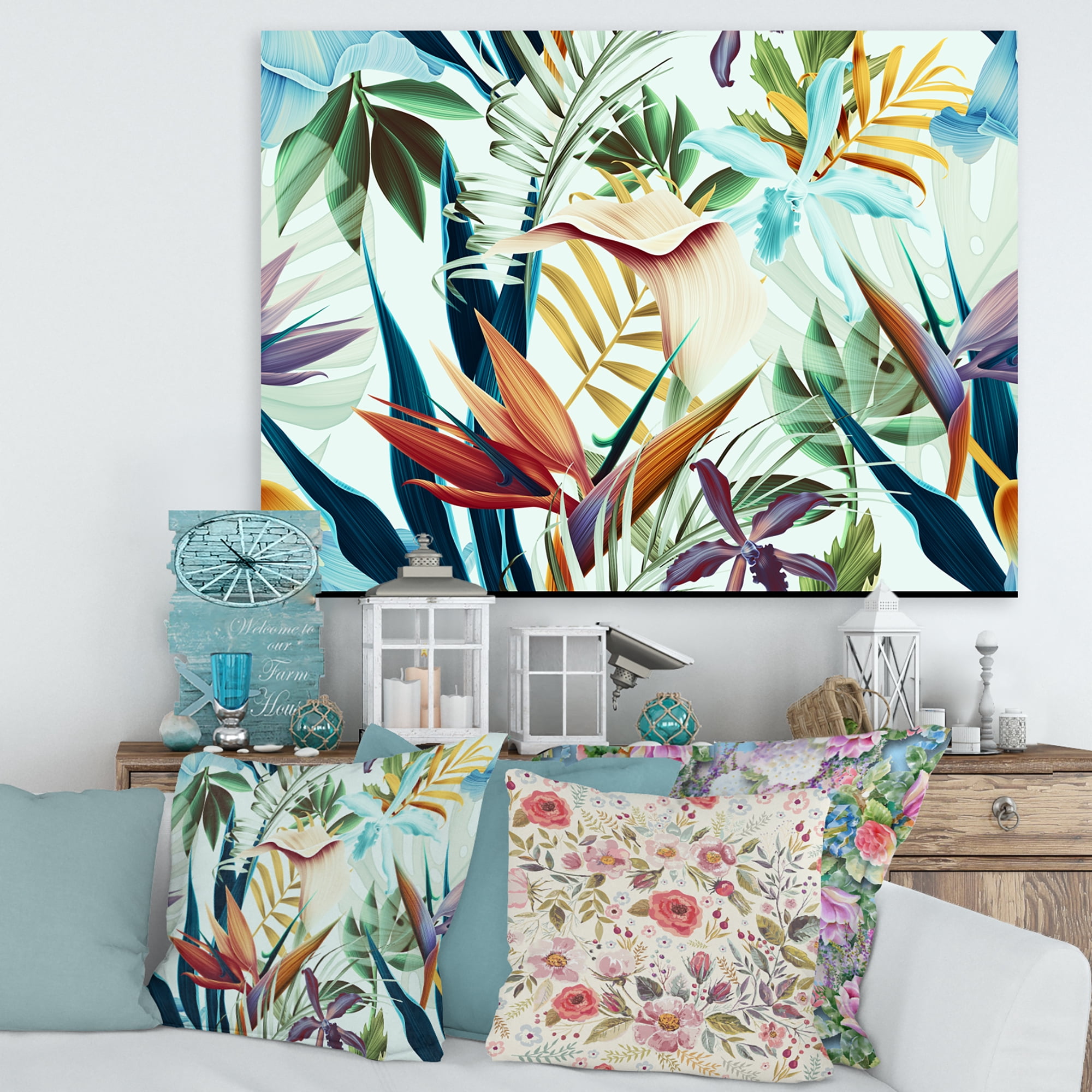 Designart ' VIntage Tropical Flowers I ' Tropical Canvas Wall Art Print