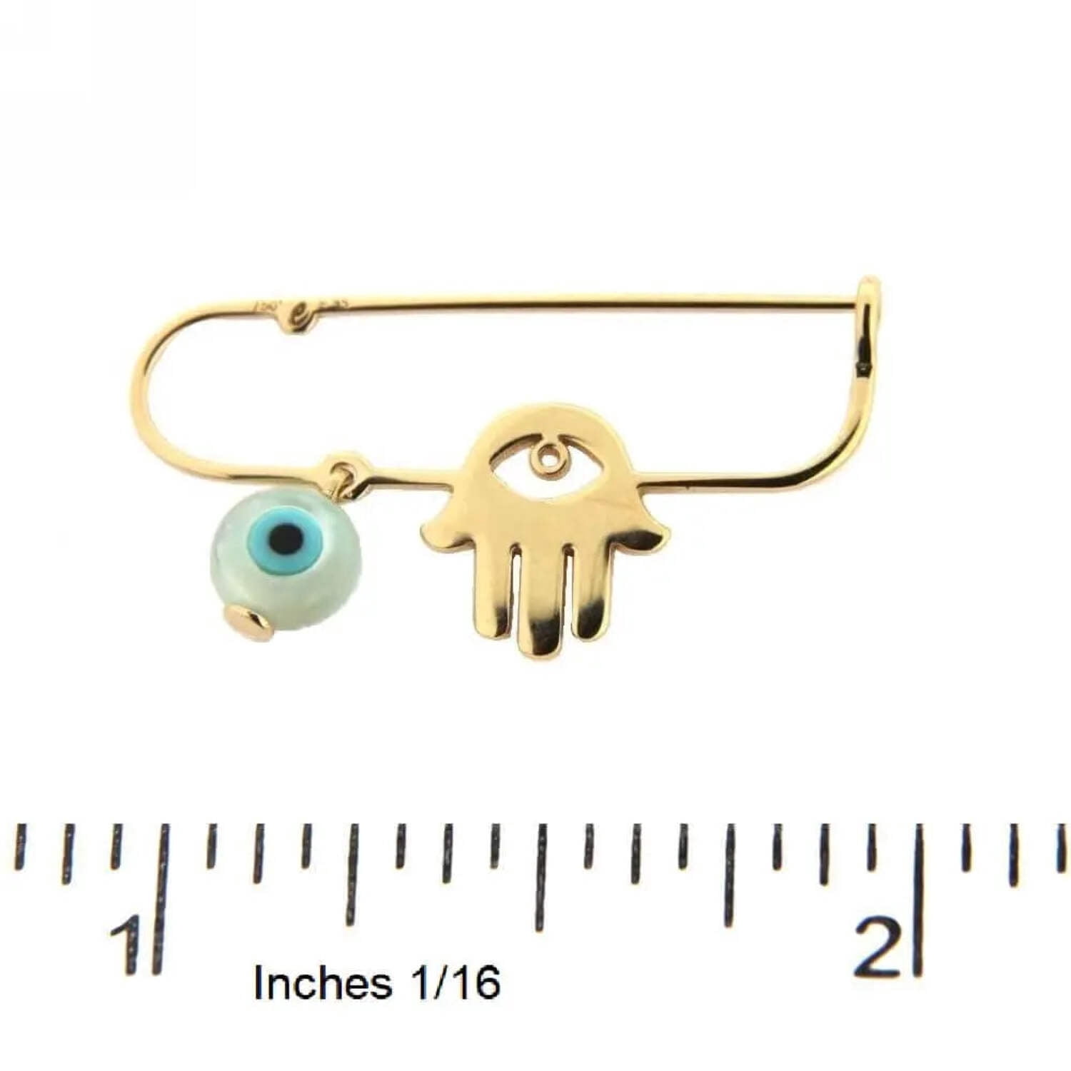 18K Solid Yellow Gold Hamsa Hand and Evil Eye Safety Pin