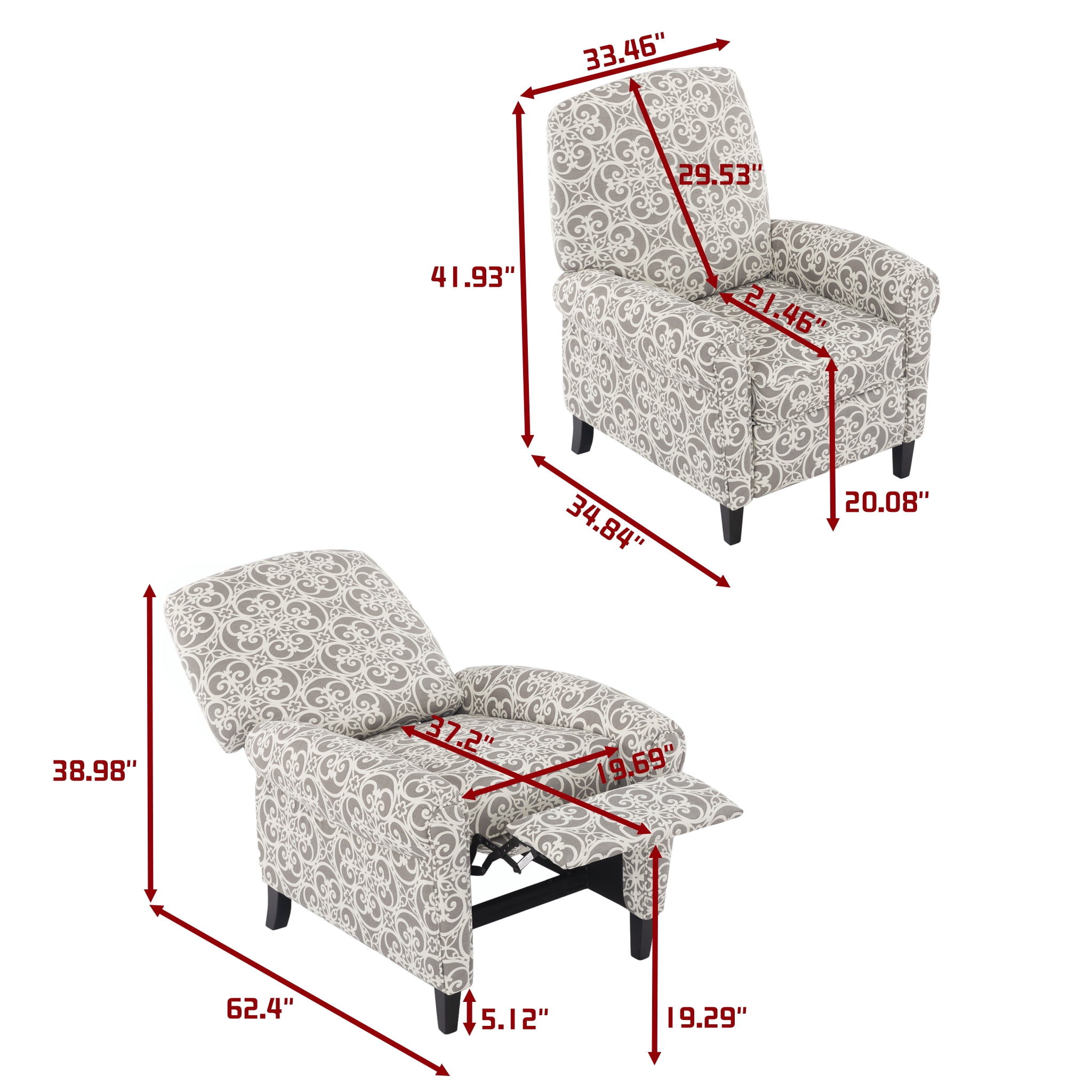Gewnee 2-Pack Manual Push Back Recliner Chair,Modern Reclining Chair With Printed Linen Upholstery,Single Chair for Living Room,Office,Bedroom.Gray