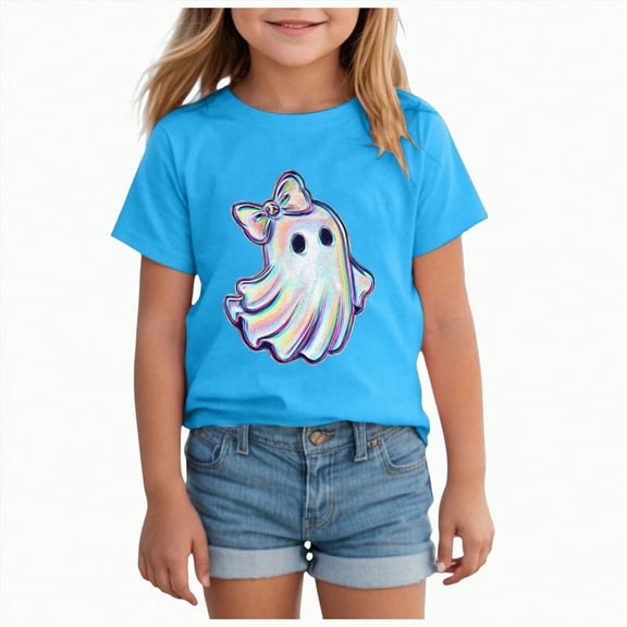 CAUYDY Halloween T-Shirts for Toddler Girls Short Sleeve Crew Neck Ghost Pumpkin Tees Tops(Blue,11-12 Y)