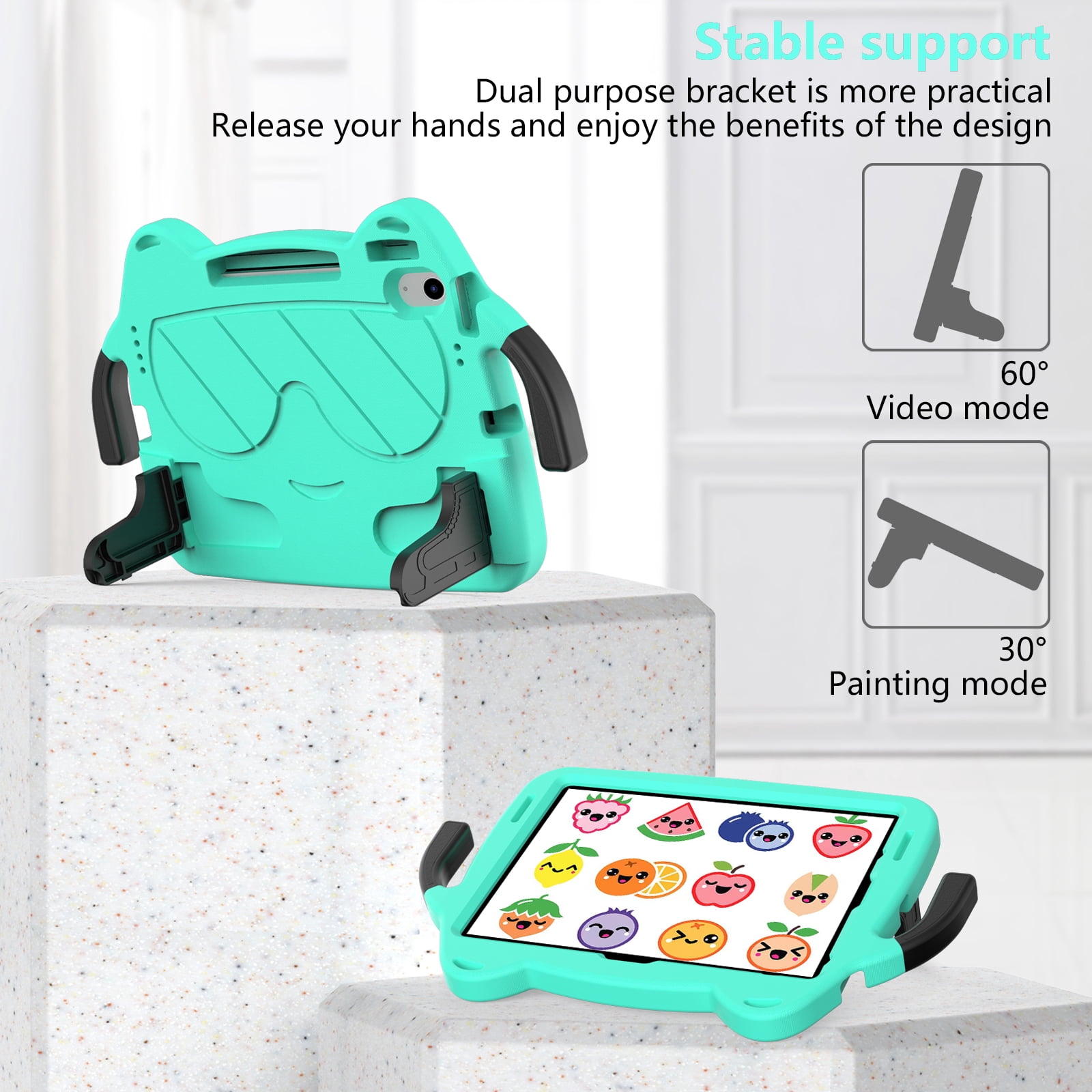 Dteck Cute Kids Case for iPad 10th Generation 10.9 Inch 2022 / iPad Air 5 / iPad Air 4 Silicone Child Proof Boys Girls Case with Built-in Pencil Holder Kickstand Handle Grip for 10.9 Inch iPad,Mint