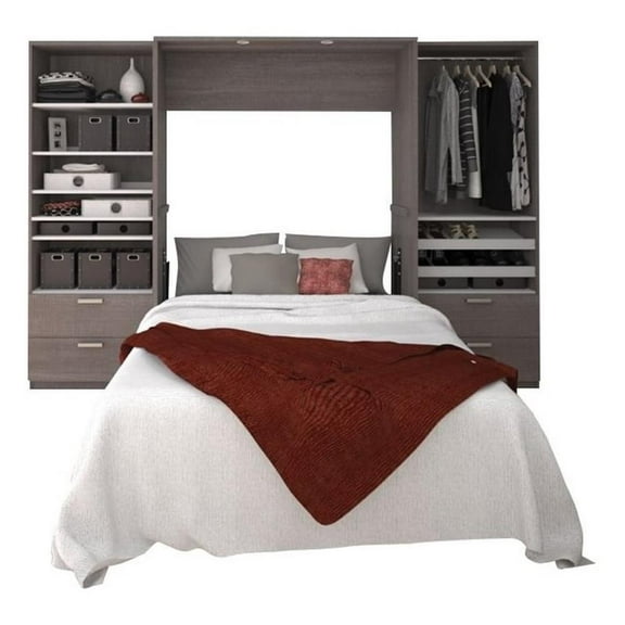 Atlin Designs Wood Full Murphy Bed & Organizers w/ Drawers in Bark Gray/White