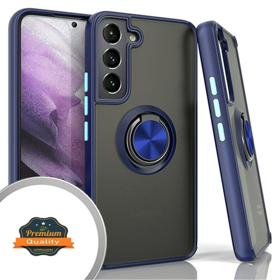 Xpression Case for Samsung Galaxy S22 Plus Finger Ring Stand Holder Kickstand Hybrid Frosted Matte TPU Hard PC Frame Shock-Absorption Thin Phone Cover [Blue]