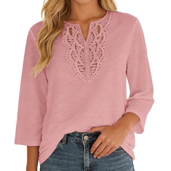 Fgnfyis Womens T Shirts Lace Loose Fit Casual Solid Color Three Quarter Sleeve Blouse Top Everyday Comfort Style Womens Tops Red XL