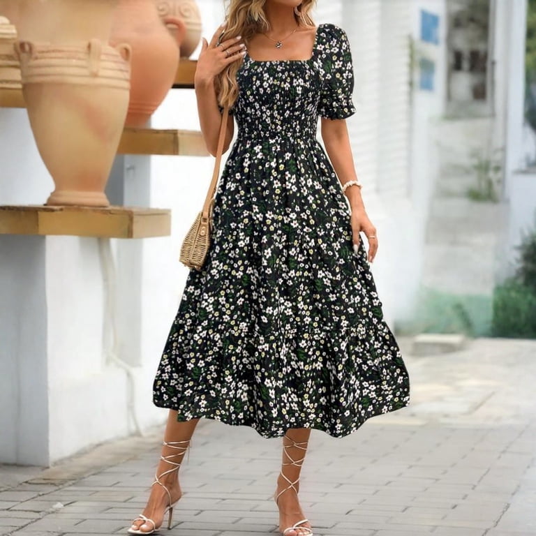 black square neck puff sleeve midi dress Black Puff Sleeve Square Neck Midi Dress 2025