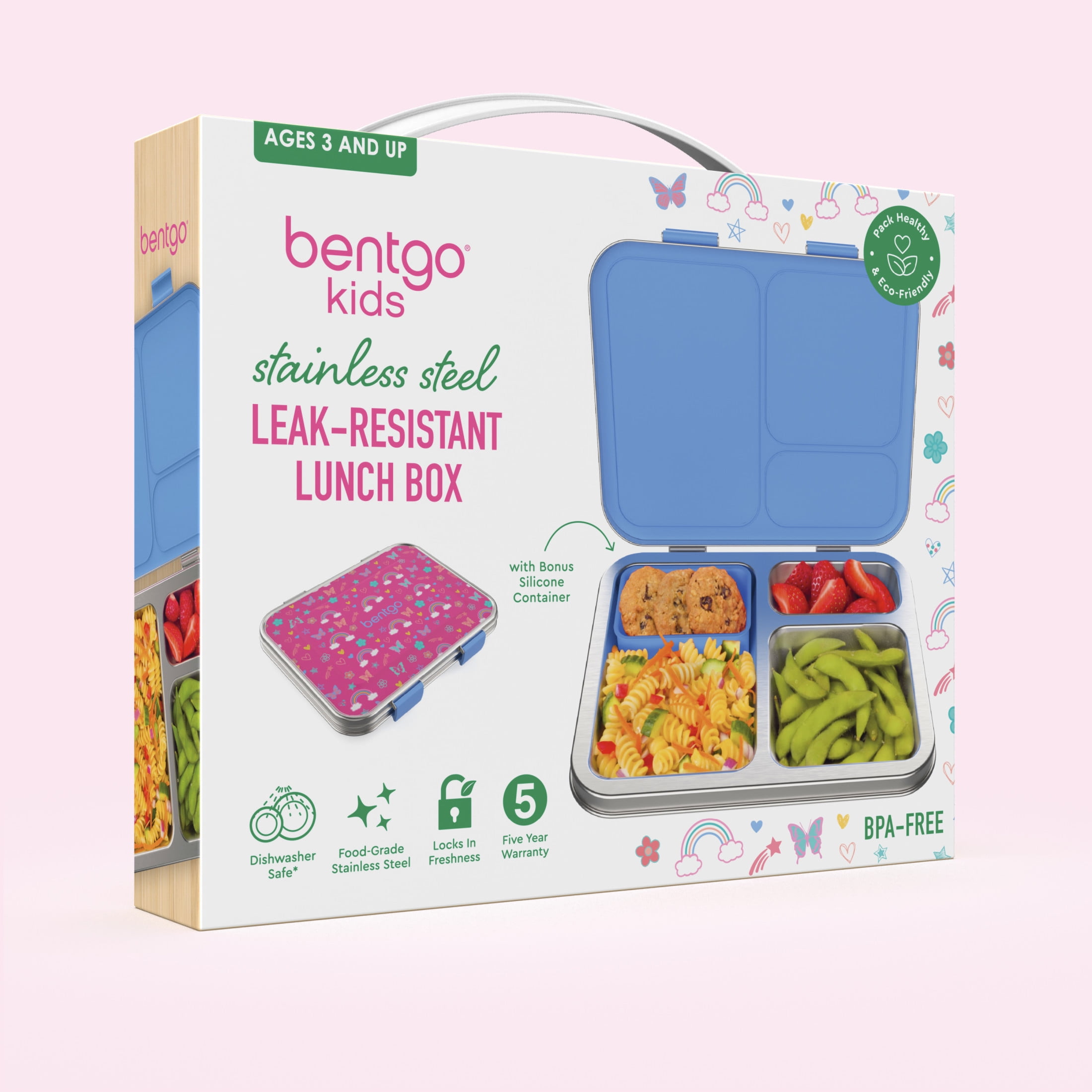 Bentgo Kids Stainless Steel Prints Leak-Resistant Lunch Box - 3-Compartments with Silicone Container, Durable, Eco-Friendly, Dishwasher Safe, for School, Ages 3+ (Rainbows & Butterflies)