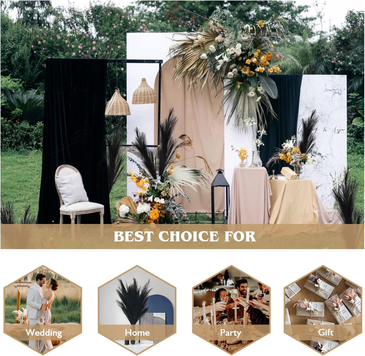 Decorative Pampas Grass, 5 Stems, 39 Inch/100cm, Artificial Pampas Grass Feathers, Dried Flowers, for Bohemian Style, Living Room, Bedroom and Vase Decoration (Black)