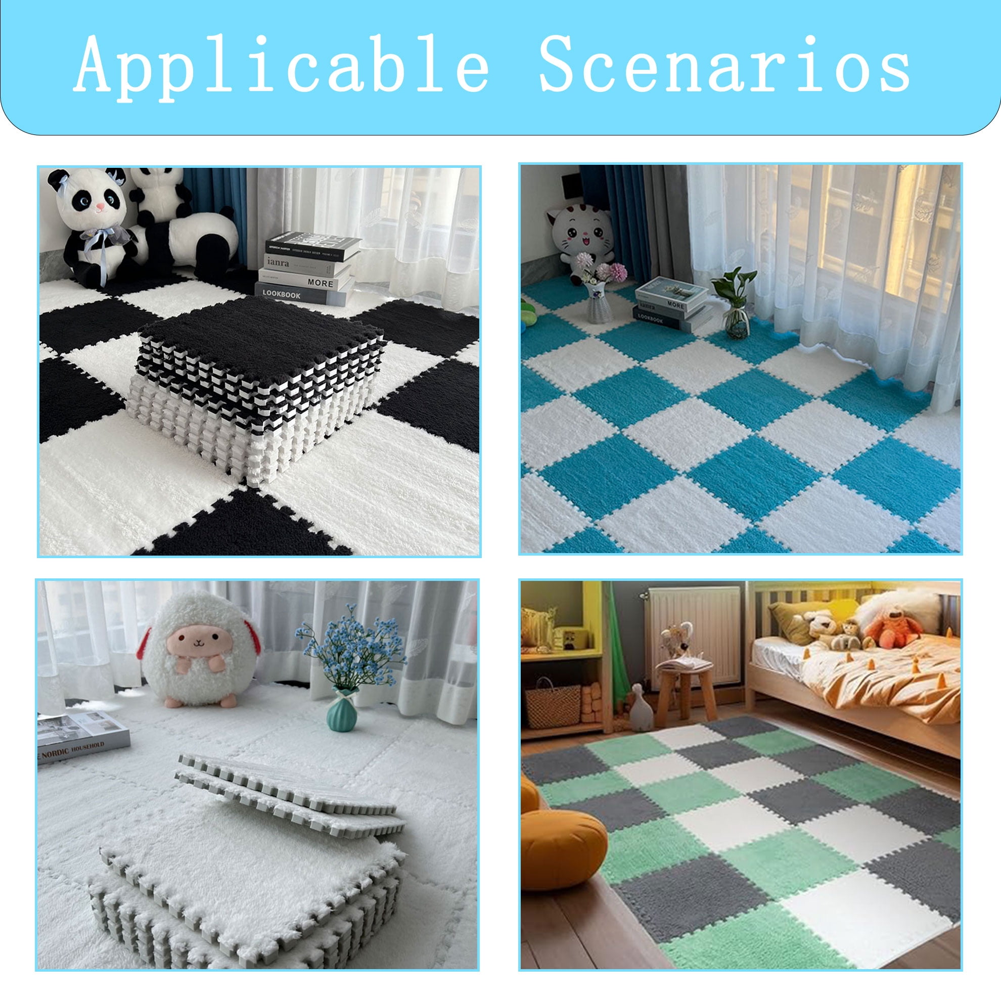 Interlocking Carpet Shaggy Soft EVA Foam Mats Fluffy Square Thickened Plush Tiles Protective Floor Tiles Exercise Play Mat for Children Kids Room Home Parlor Bedroom (White, 12 Pcs)
