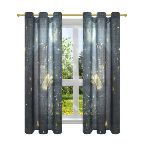 Window Curtain Panels Cotton Linen Decorative Curtains - Symmetrical Cat under The Moon Window Shade Backdrops for Home Office Sunroom Country House