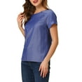 thumbnail image 4 of INSPIRE CHIC Women's Round Neck Short Raglan Sleeves Side Slit Chambray Blouse M Dark Blue, 4 of 6