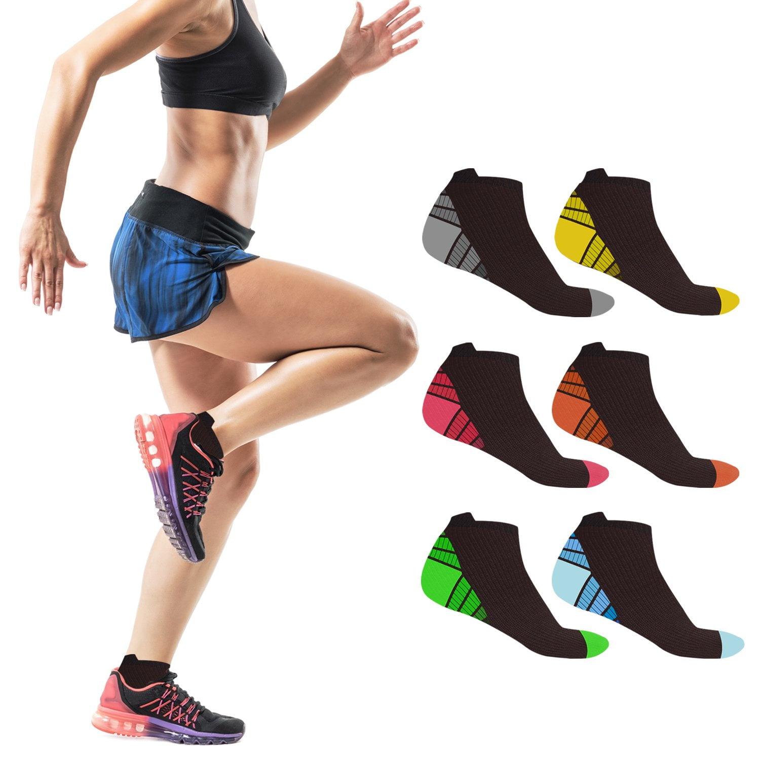 Compression Socks - Ankle High for Running, Athtletics, Travel - 6 Pair