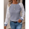 thumbnail image 6 of Women'S Solid Color Lace Trim Long Sleeve T-Shirt Round Neck See Through Casual Elegant Top Light Gray XL, 6 of 9