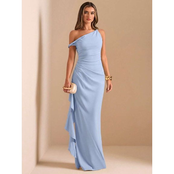 Blue One Shoulder Ruched Wrap Maxi Dress With Asymmetrical Ruffle Hem And Draped Detail