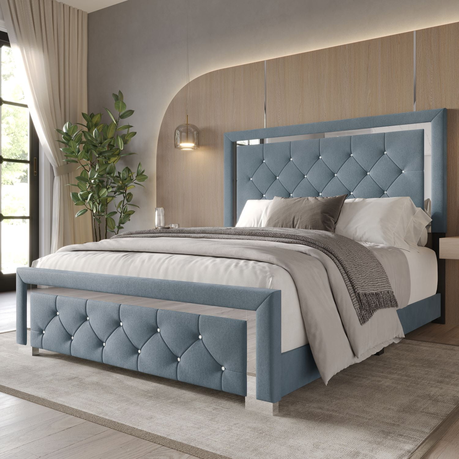Home Design Toccoa Full Upholstered Panel Bed Frame with Diamond Button-Tufted Headboard and Silver Metal Accents, Blue, Easy Assembly