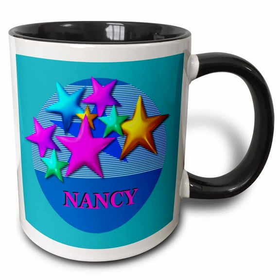 3drose, Vibrant Colored Stars on a Blue Background Personalized with the Name Nancy, 15oz Two-tone Black Mug