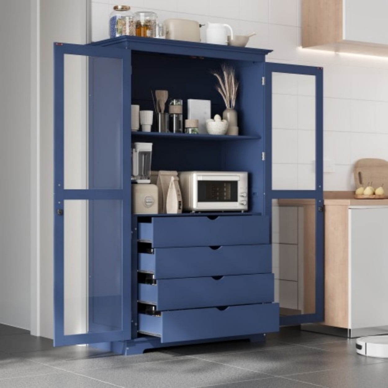 75" Kitchen Pantry Cabinet with Glass Doors, 4 Drawers & Storage Shelf, Large Freestanding Pine Wood Cabinet Organizer for Kitchen Dining Room Living Room Home Office, Blue
