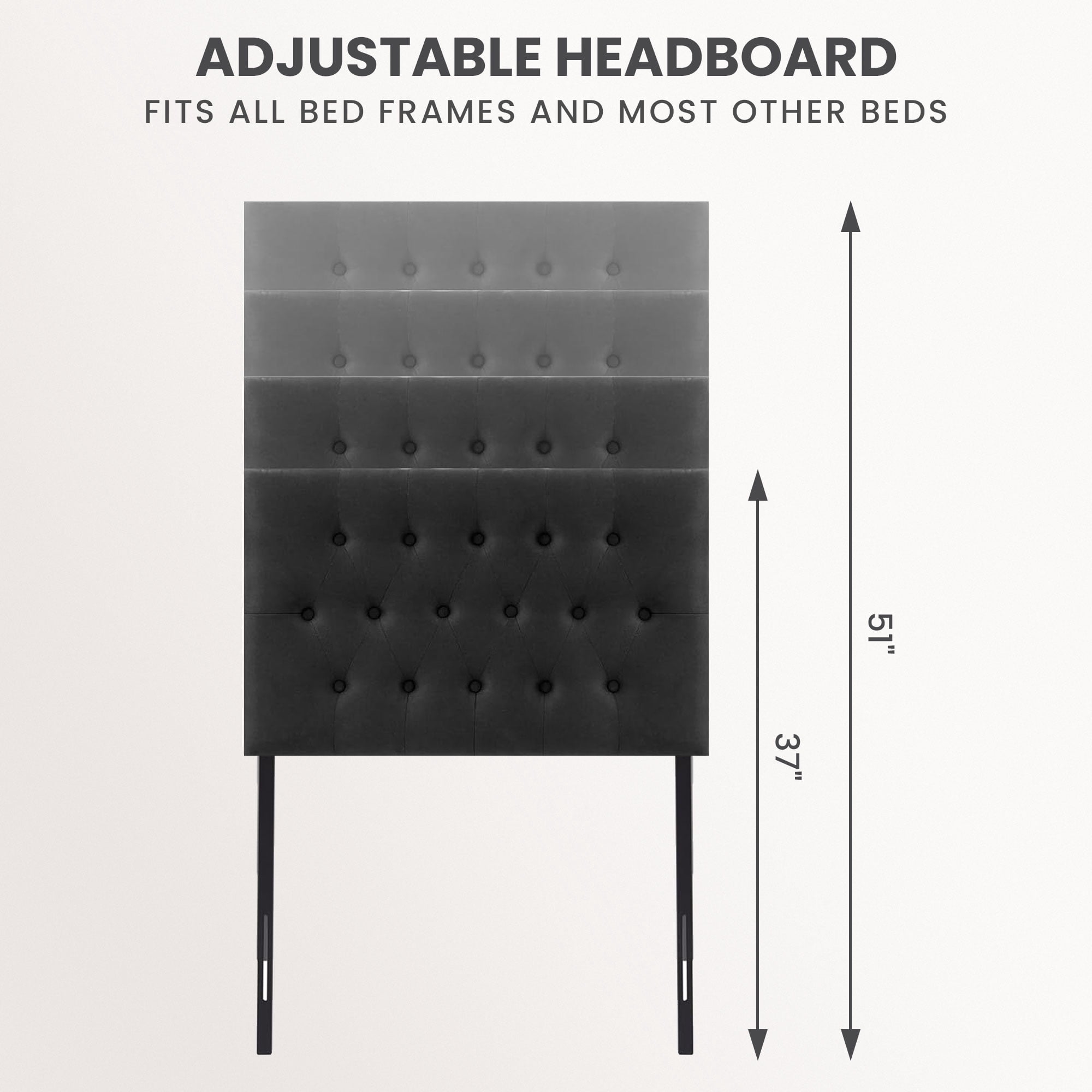 JONPONY Tufted Upholstered Headboard Twin Size, Solid Wood Head Board with  Adjustable Height  Headboard from 37" to 51",Bed Frame Adapters,Black,Headboard Only