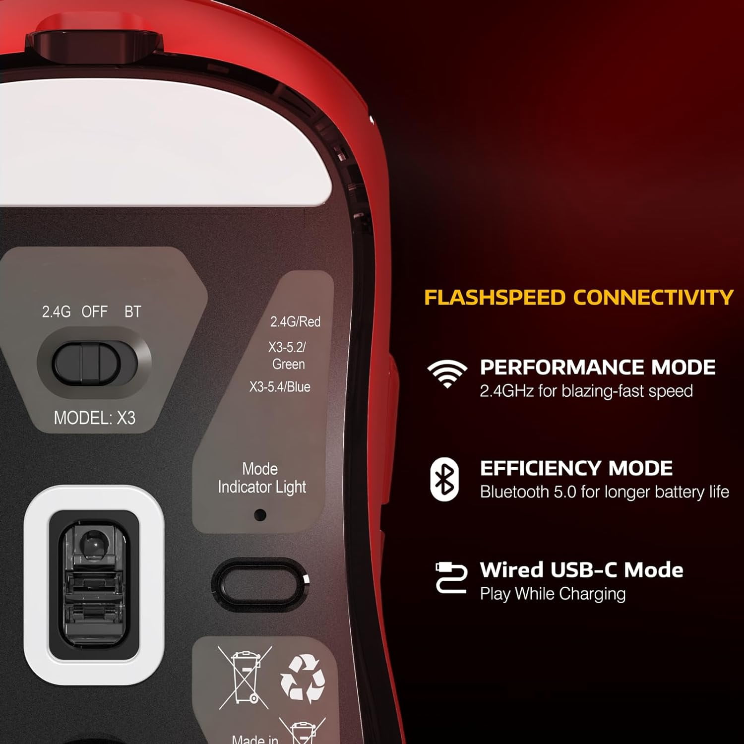 ATTACK SHARK X3 49g SUPERLIGHT Mouse, PixArt PAW3395 Gaming Sensor, BT/2.4G Wireless/Wired Gaming Mouse, 6 Adjustable DPI up to 26000, 200 Hrs Battery, G502, Office Mice for Win11/Xbox/PS/Mac (Red)