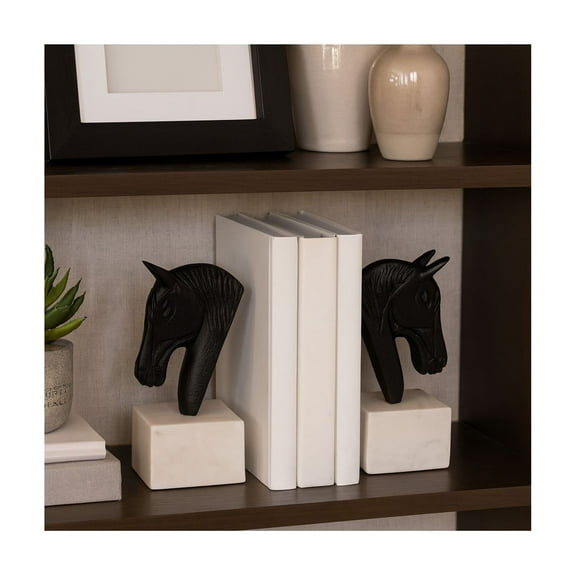 Bookends for Bookshelf Decor - Bold Metal Horse Head Bookends on Marble Base Perfect for Book Accessories - Decorative Bookends for Office, Desk Decor, or Home Library Set of 2 - 7" Black & White