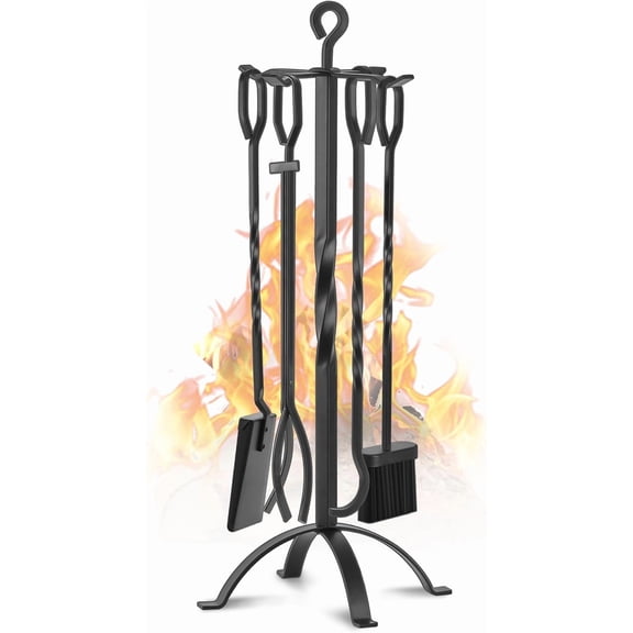 Fireplace Tools Set 5 Pieces 32 Inch Modern Black Wrought Iron Large Fire Tool Set for Outdoor/Indoor Include Chimney Poker, Tongs, Shovel, Brush and Stand Accessories Set