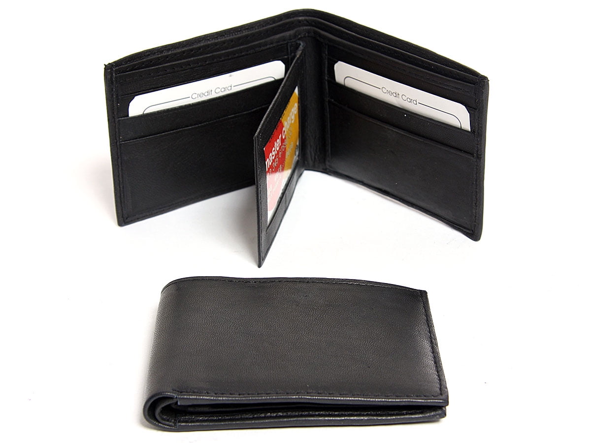 Men's Mens 2 Id Window 6 Credit Card BiFold Leather Wallet Black Wallet ...
