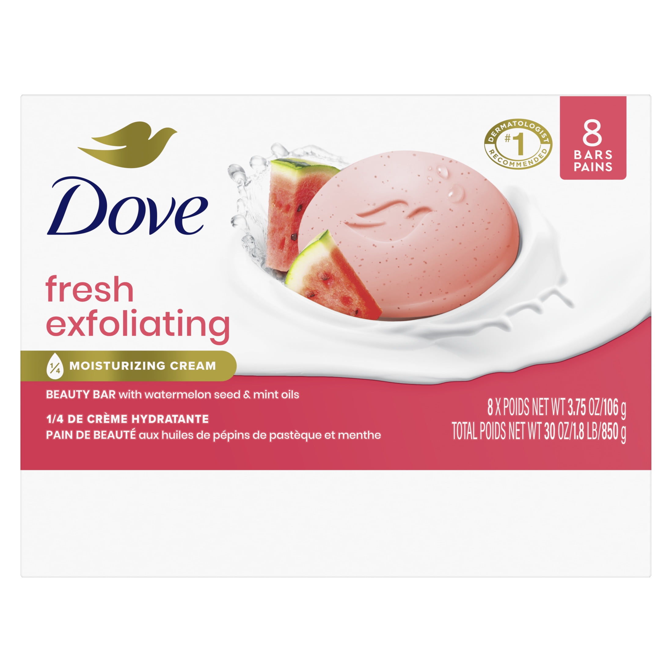 Dove Fresh Exfoliating Women's Beauty Bar Soap Watermelon Seed & Mint Oils All Skin, 3.75 oz 8 Bars