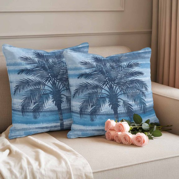 Outdoor Waterproof Throw Pillow Cover Summer Black Palm Tree Decorative Pillow Covers 18x18inch Set of 2 Pillows Case, Deep Blue Horizontal Striped Cushion Cases for Sofa Couch Patio Garden