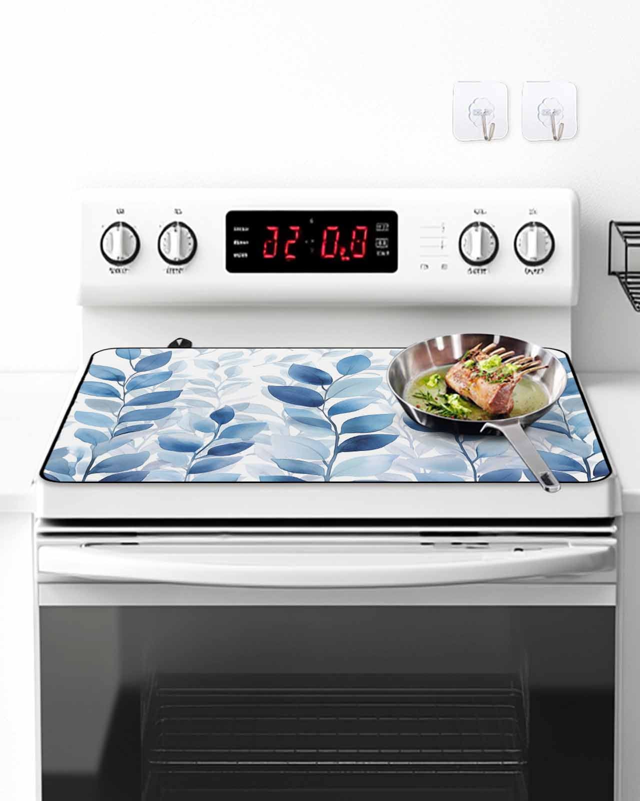 Stove Top Covers for Electric Stove, Blue Leaf Glass Stovetop Cover Protector, Watercolor Country Plant Monochrome Branch Induction Cooktop Protector Oven Mat for Kitchen Countertop 24"x21"