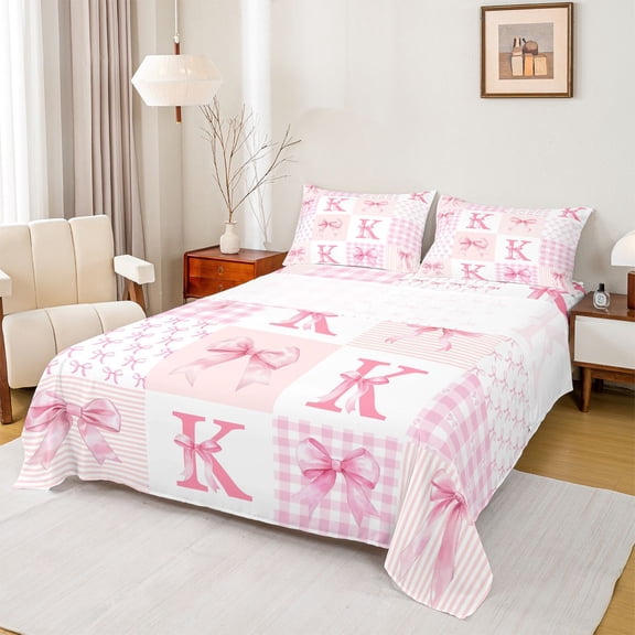 Castle Fairy Cartoon Bow Knot Letter Monogrammed K Twin Sheet Sets,Cute Bow Plaid Bedding