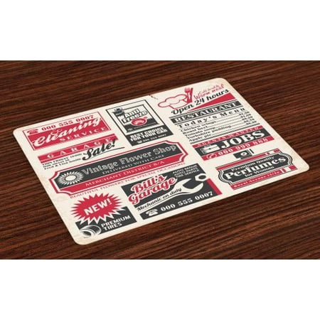 Retro Placemats Set of 4 Retro Newspaper Magazine Design Outdated Layout Different Topics Title Artwork, Washable Fabric Place Mats for Dining Room Kitchen Table Decor,Cream Red Black, by