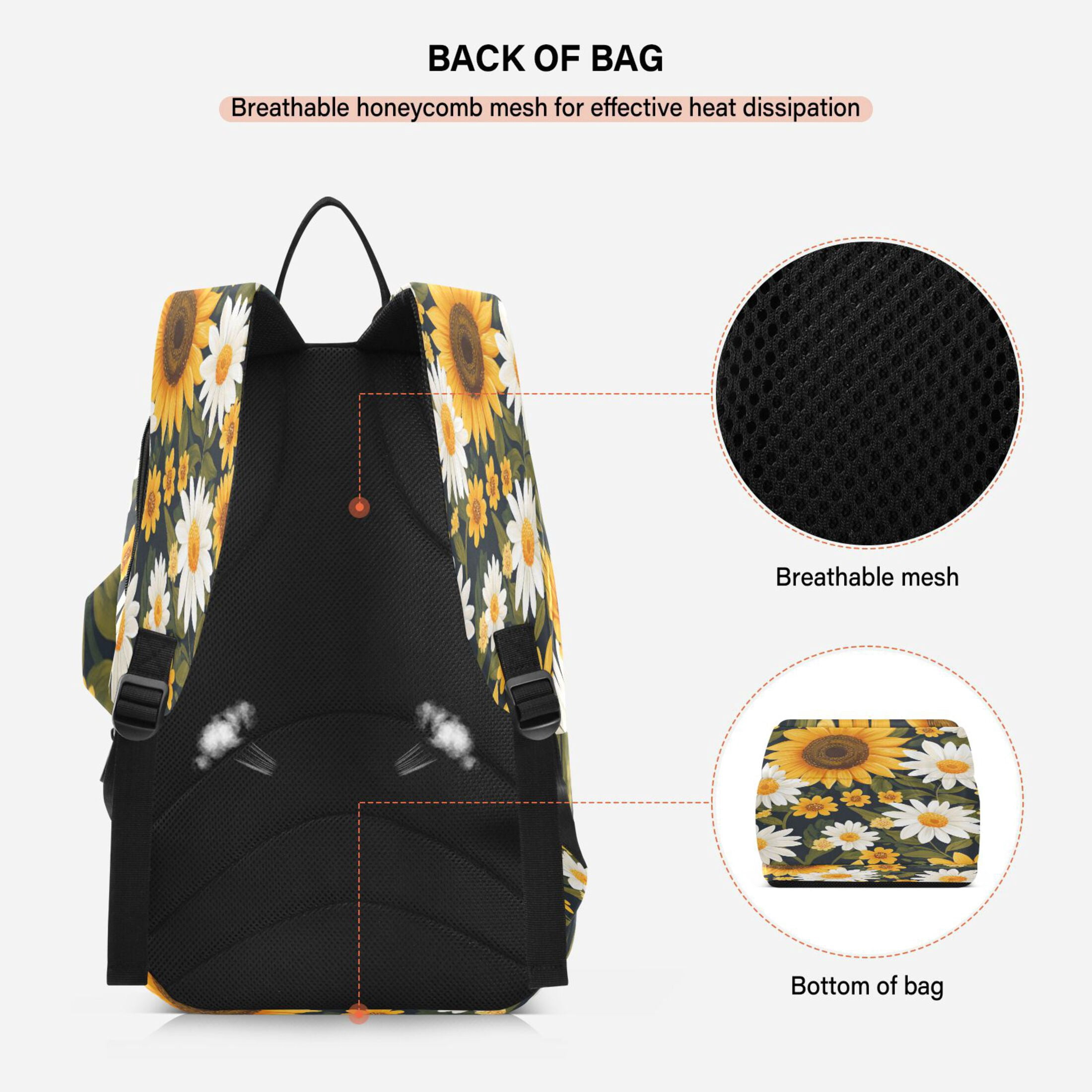 2 Racquet Holder Tennis Backpack Tennis Racket Covers Gym Bags Daisy Sunflowers