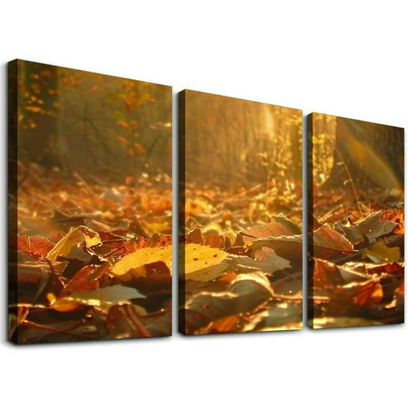 nygtbtfer  Window View Wall Art Golden Fallen Leaves Picture Natural Forest Autumn Landscape Canvas Prints Modern Home Decor Large Poster for Living Room Framed Ready to Hang 12x16x3pcs