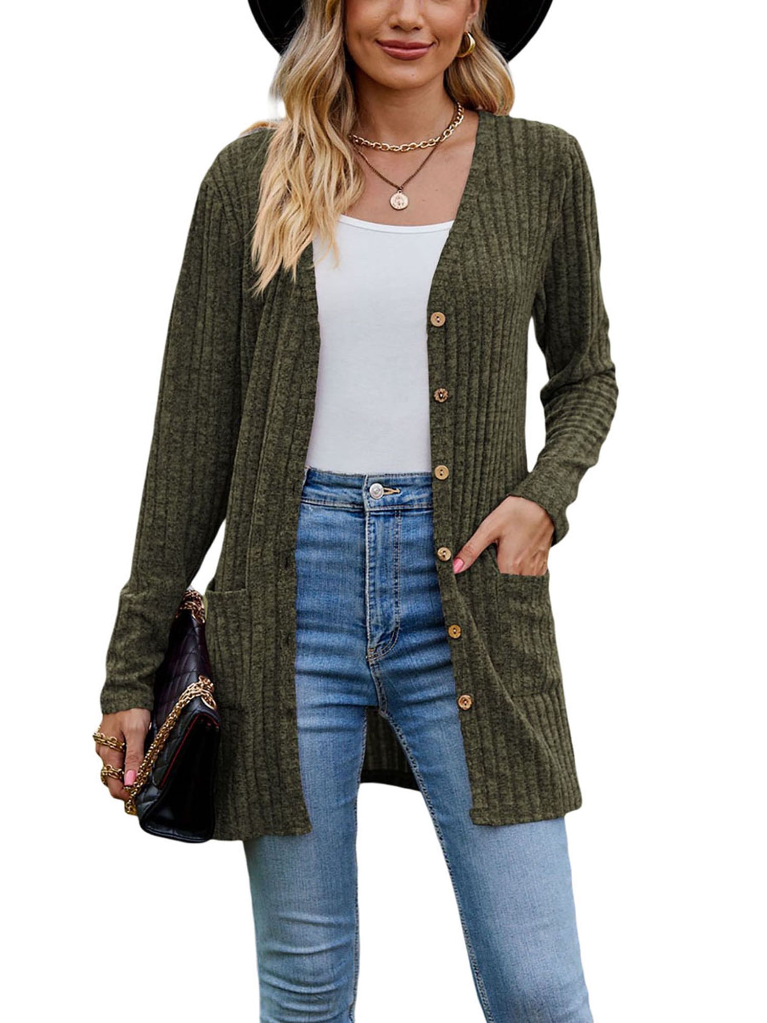 xiaxaixu Women Fashion V-Neck Cardigan Solid Color Rib Long Sleeve Sweater Button-Down Fall Casual Soft Knit Coat